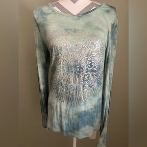 Inc Long Sleeve Pale Green - Tie Dye Casual Top with Silver Mosaic Pattern